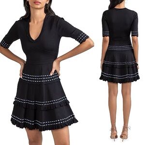 Shoshanna Antinea Mini Dress Medium Knit Black Contrast Scalloped Trim Luxury